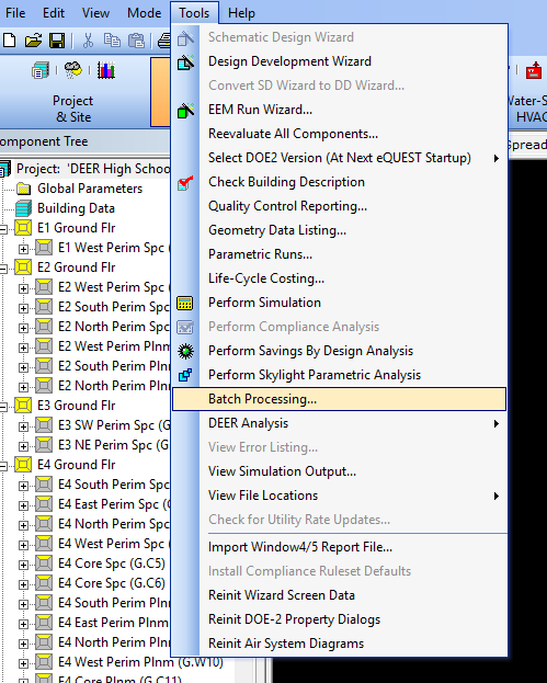 Location of the Batch Processing Feature in eQUEST